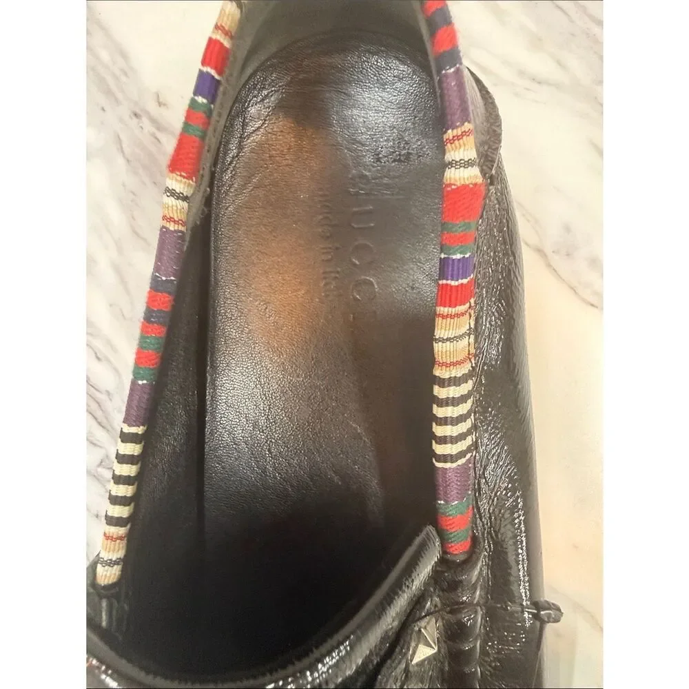 Gucci Black Patent Leather Fringe Loafers with Multicolor Trim